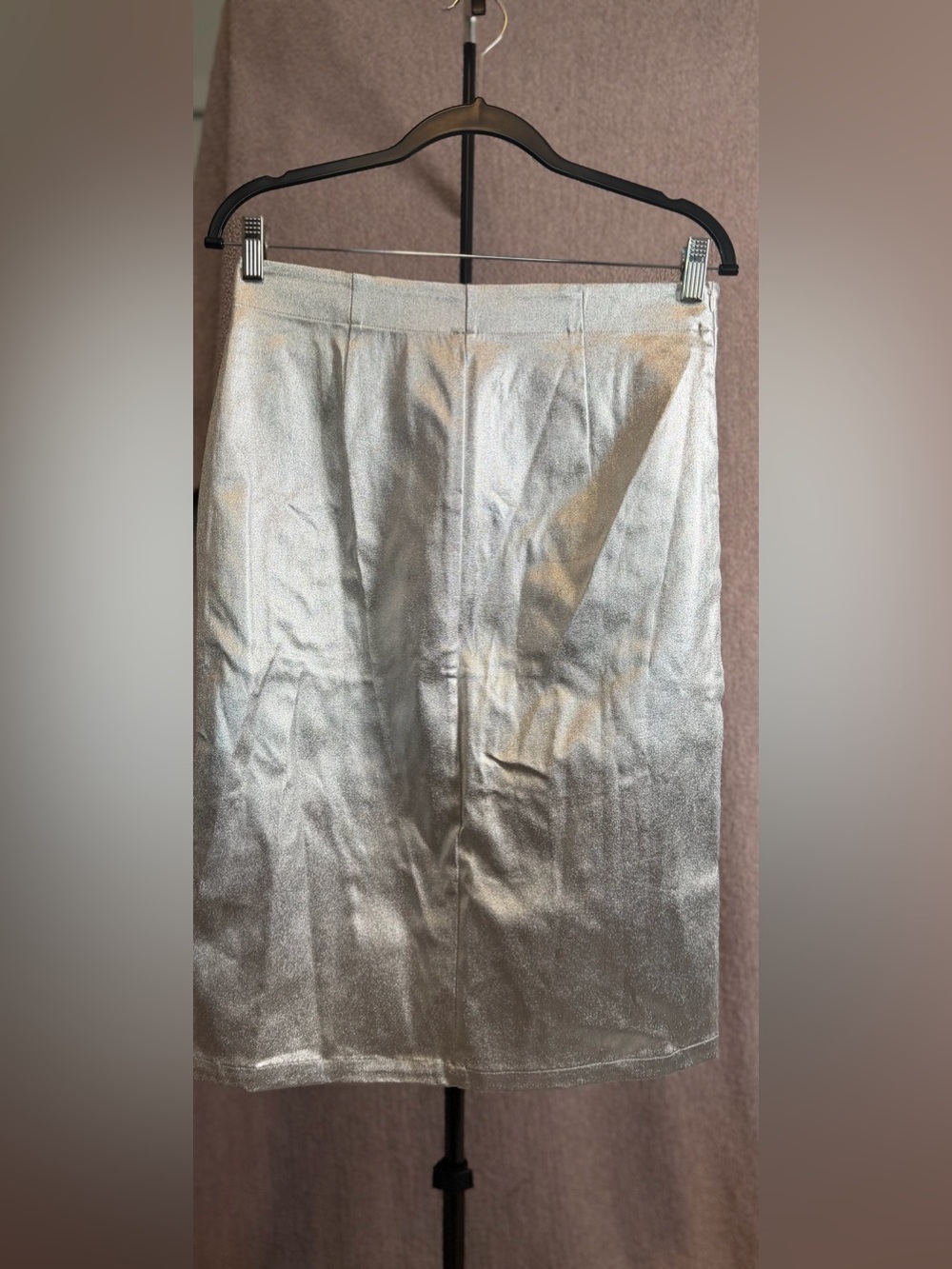 Allegra K Metallic Silver Pencil Skirt Size L High Waist Front Slit